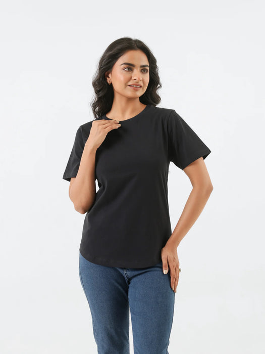 Women Black Round Neck T-shirt