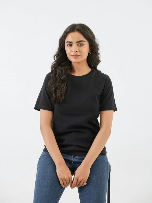Women Black Round Neck T-shirt