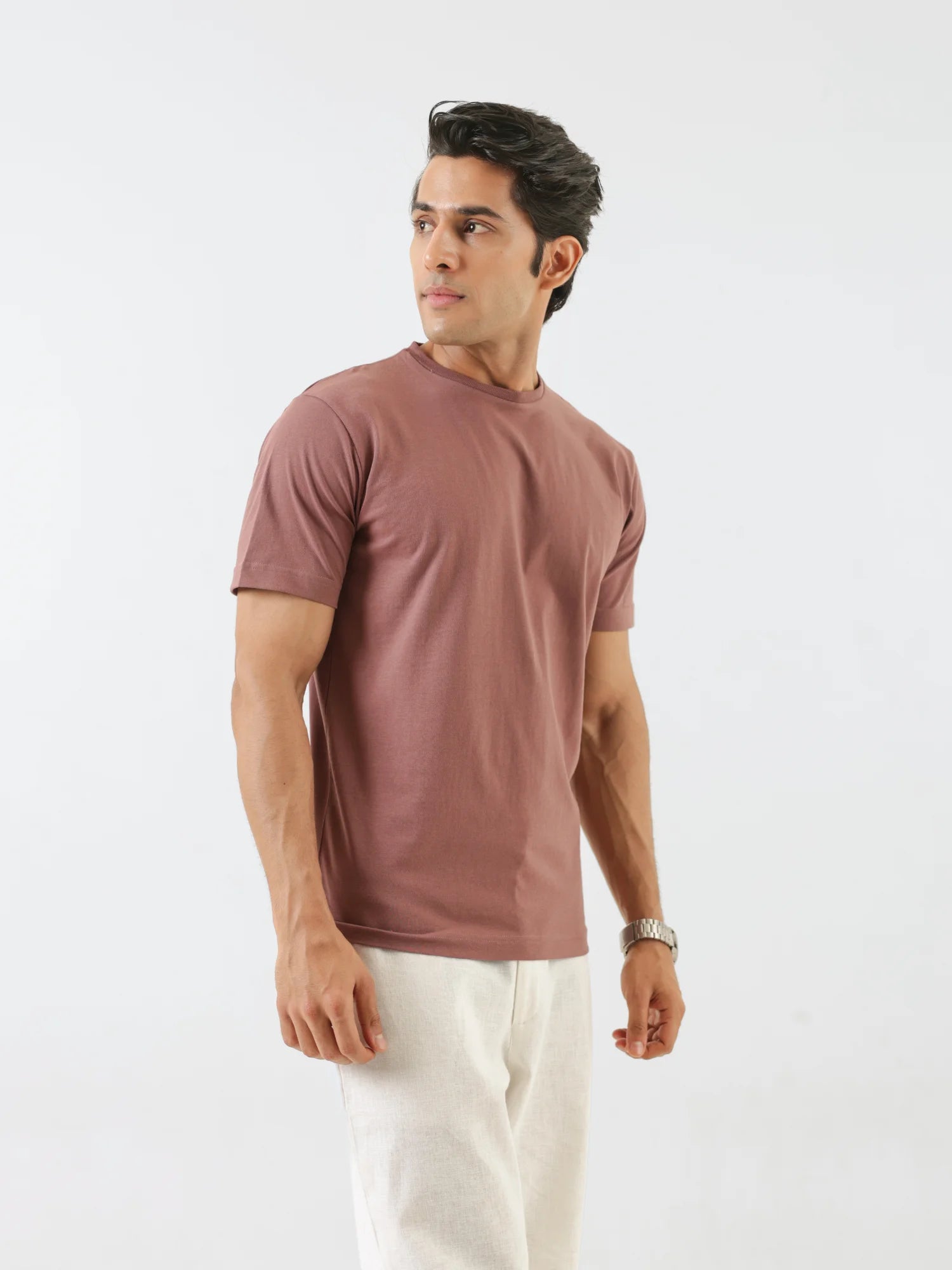 Men Rose Taupe Round Neck T-shirt