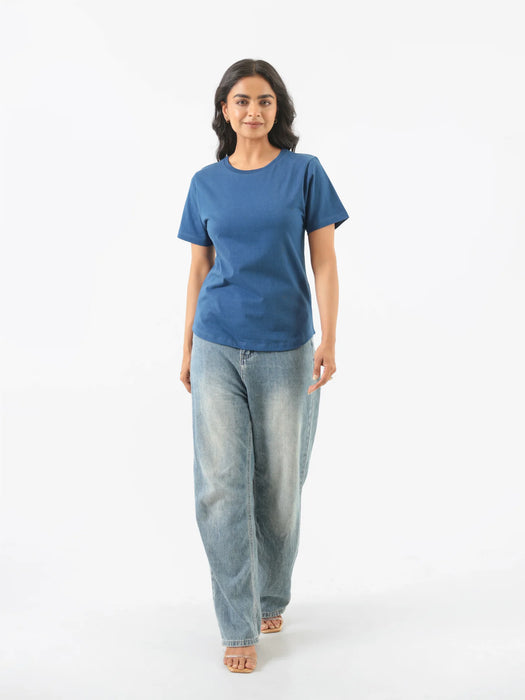 Women Midnight Blue Round Neck T-shirt