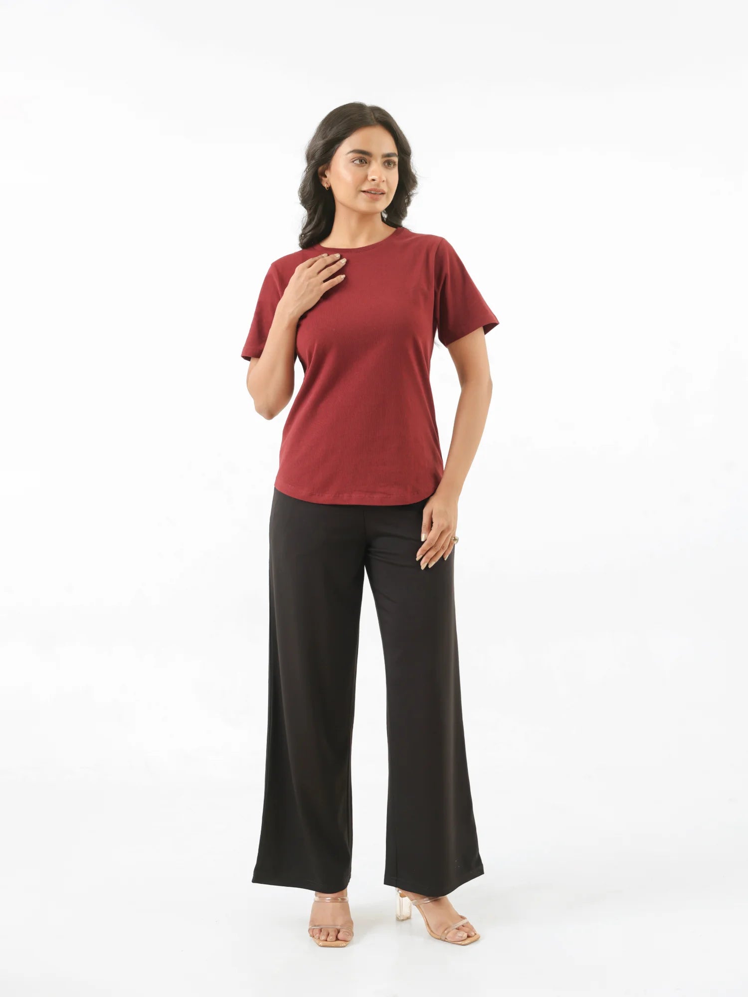 Women Maroon Round Neck T-shirt