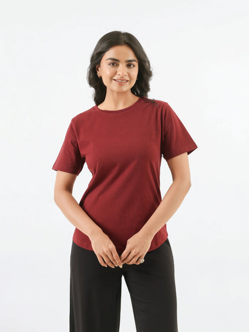 Women Maroon Round Neck T-shirt