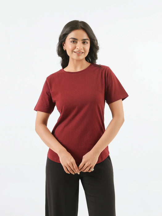 Women Maroon Round Neck T-shirt
