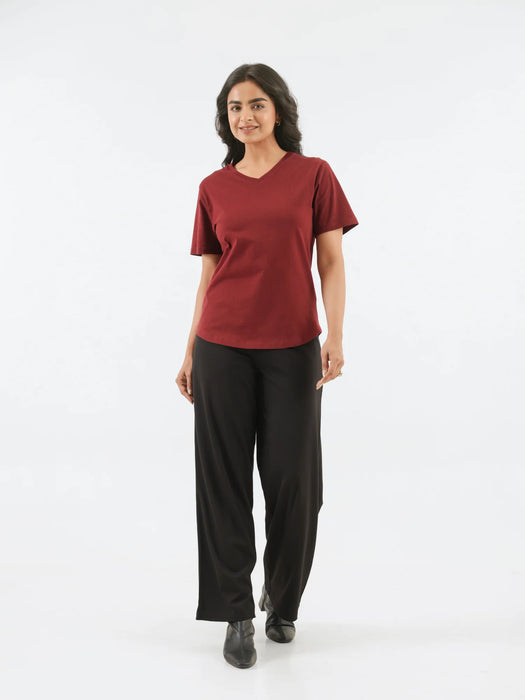 Women Maroon V-neck T-shirt