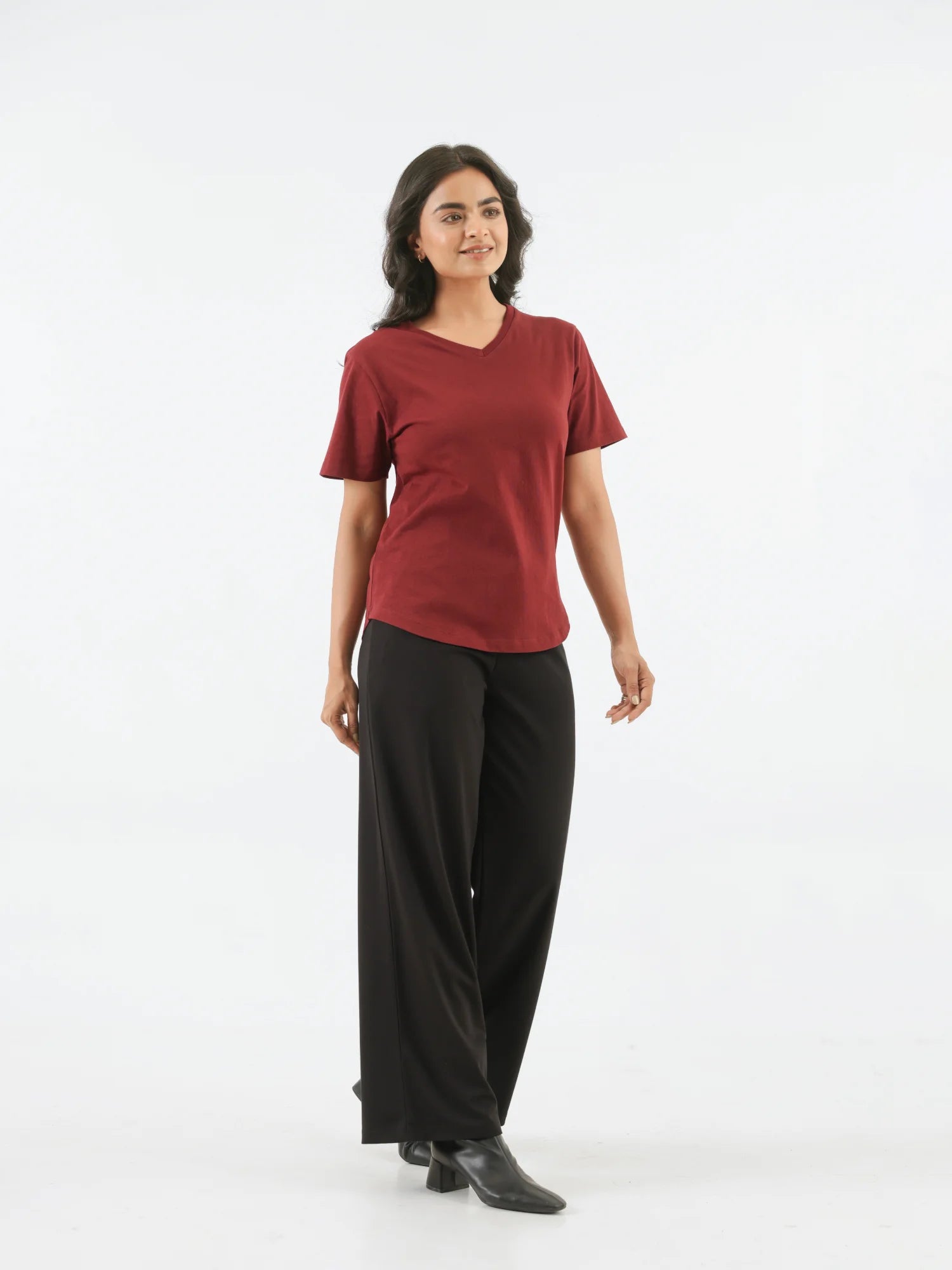 Women Maroon V-neck T-shirt