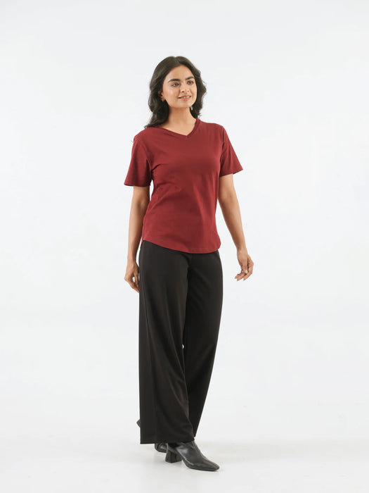 Women Maroon V-neck T-shirt