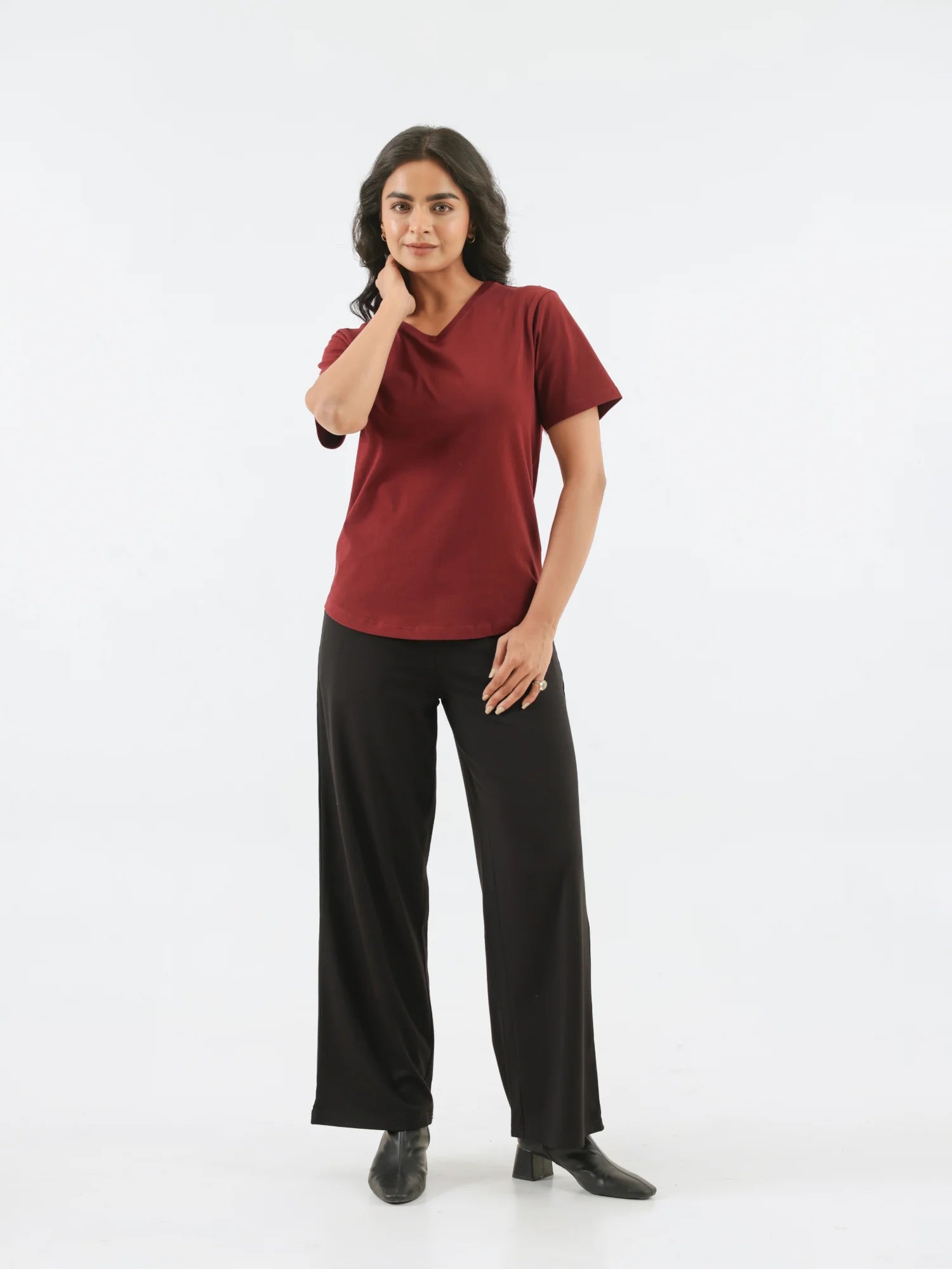 Women Maroon V-neck T-shirt