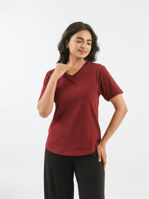 Women Maroon V-neck T-shirt