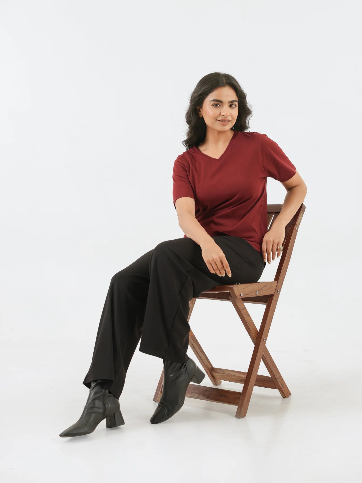 Women Maroon V-neck T-shirt