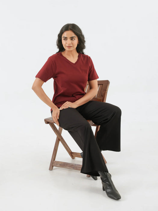 Women Maroon V-neck T-shirt