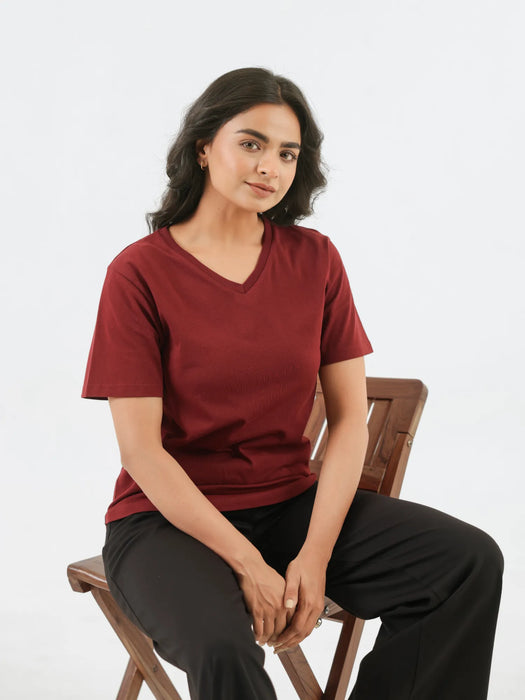 Women Maroon V-neck T-shirt
