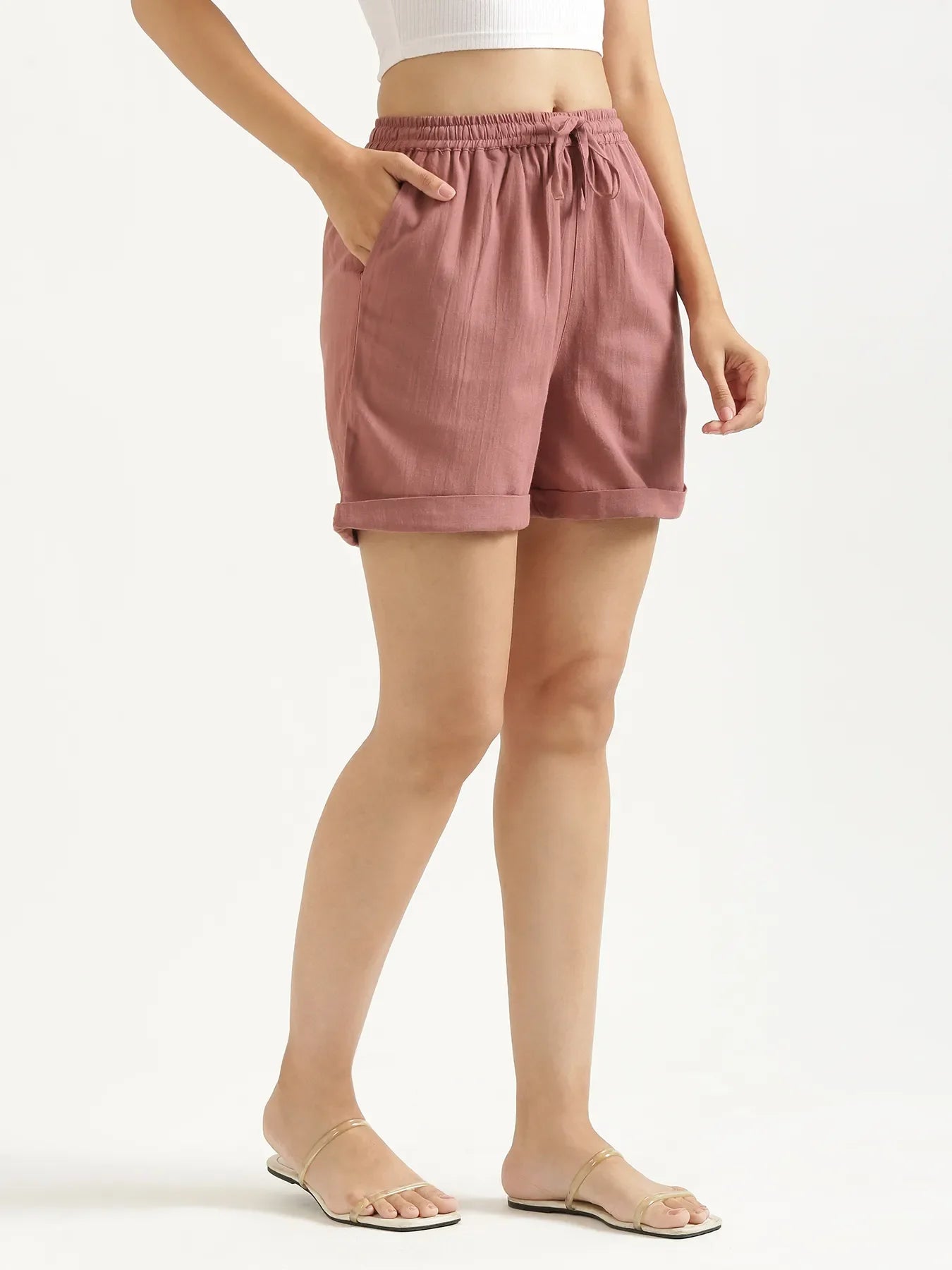 Women Rose Taupe Flowy Linen Shorts