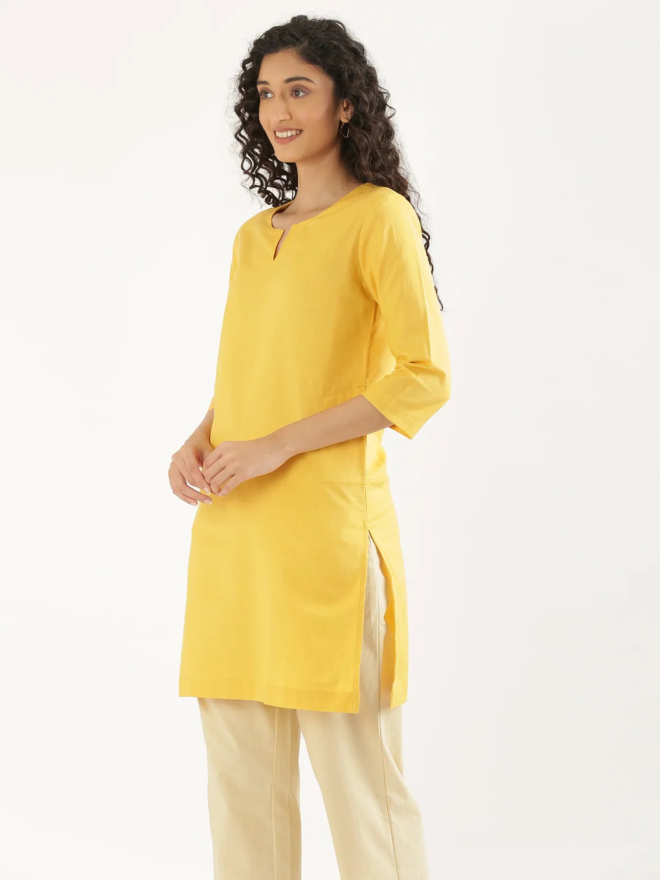 Women Yellow Airy Linen Mid Thigh Length Kurta