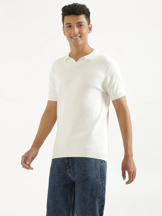 Men Off White Flat Knit Collared T-shirt