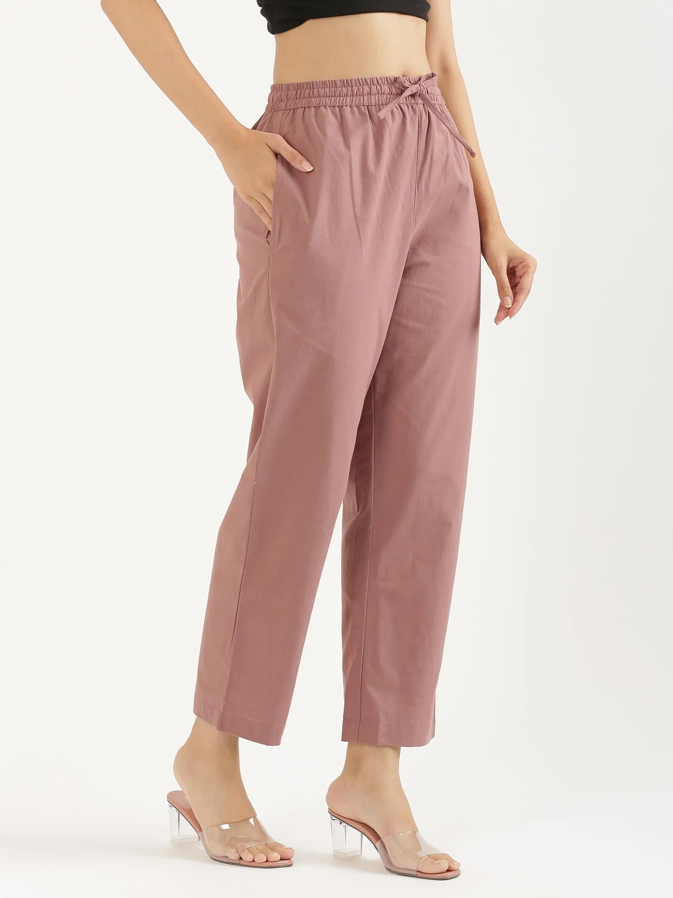 Women Rose Taupe Cotton Straight Pant