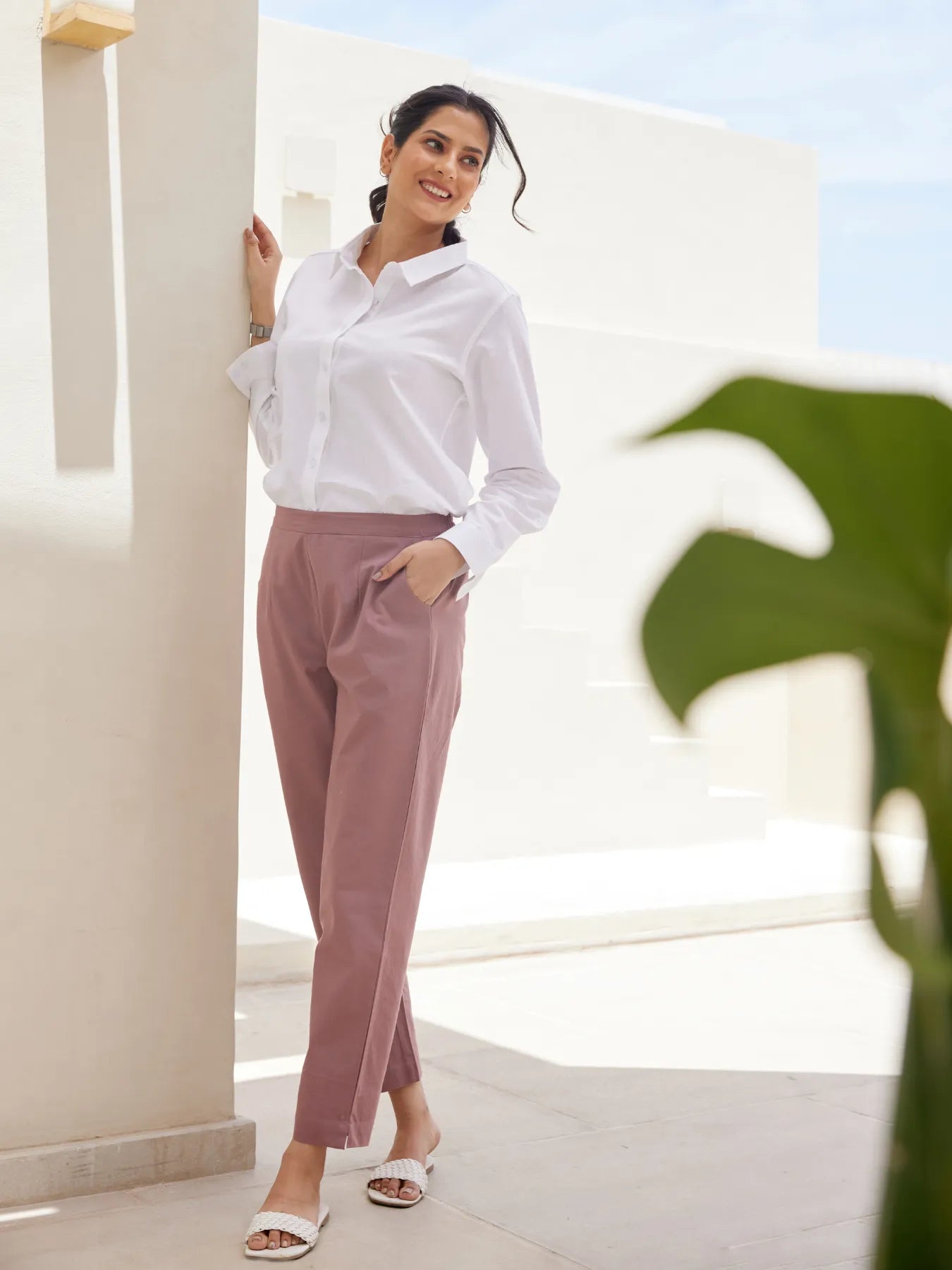 White Airy Linen Shirt with Rose Taupe Cotton Pant