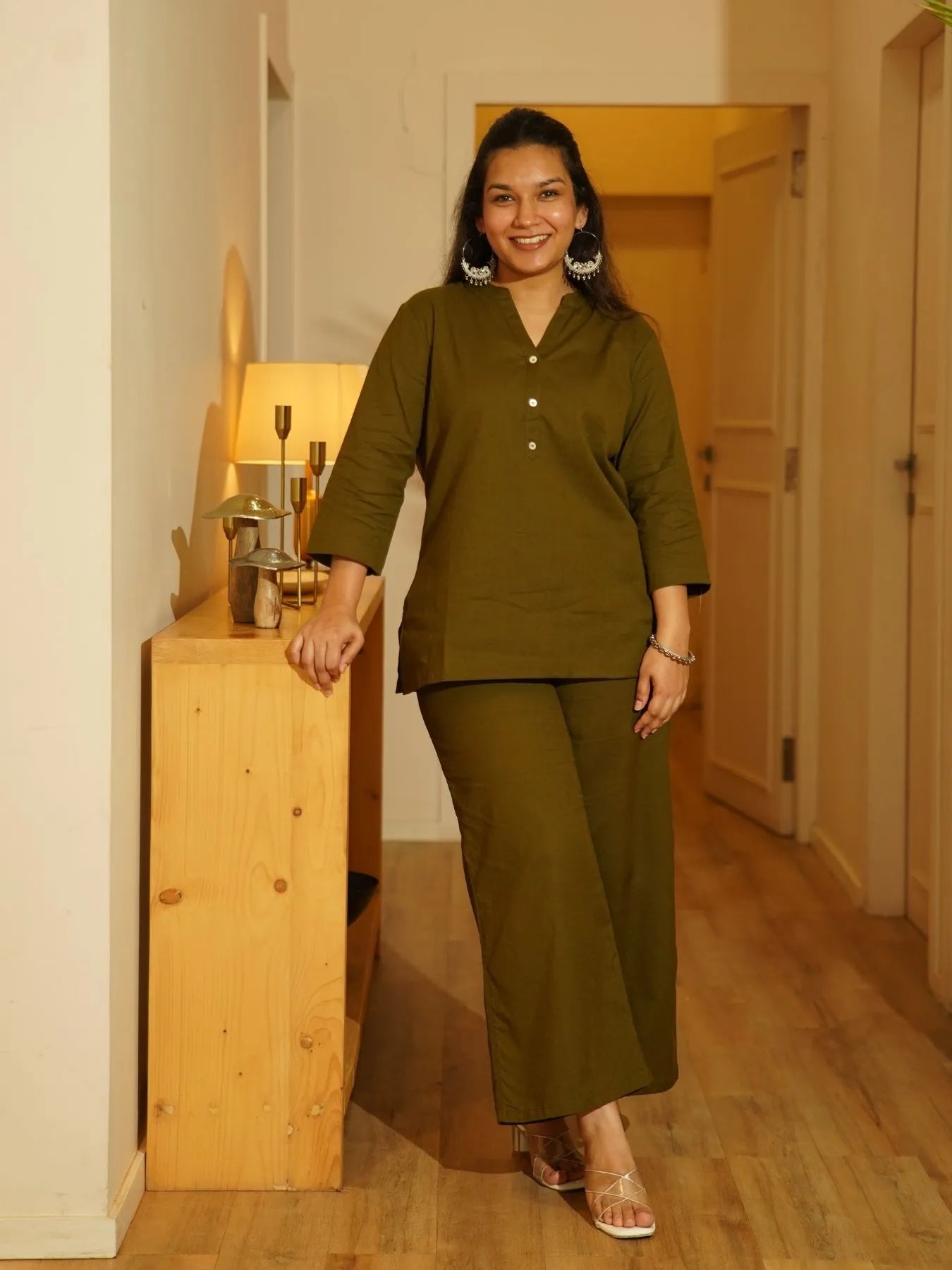 Olive Green Airy Linen Short Kurta Co-ord Set