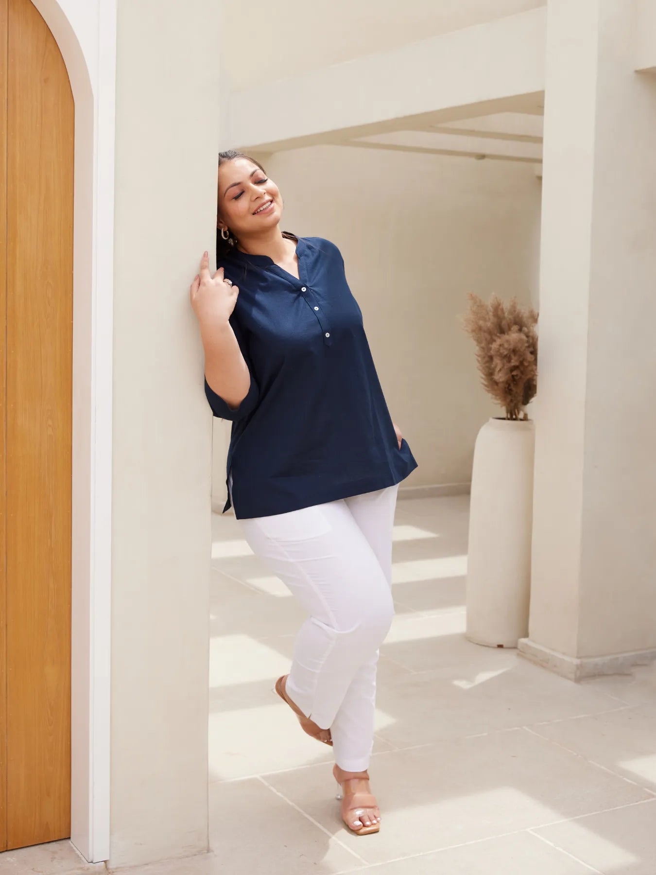 Navy Blue Short Kurta with White Cotton Pant