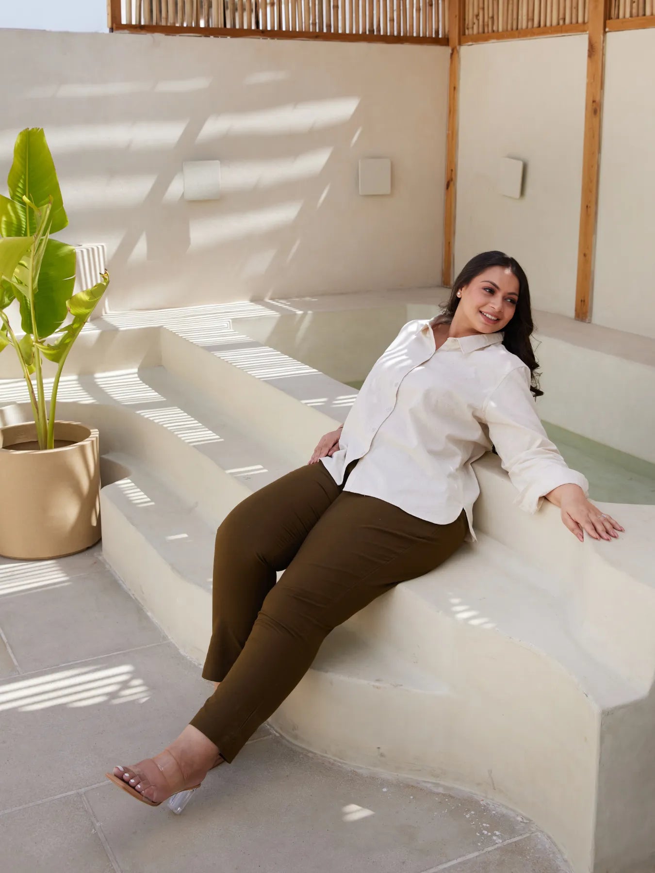 Ecru Airy Linen Shirt with Olive Green Cotton Pant