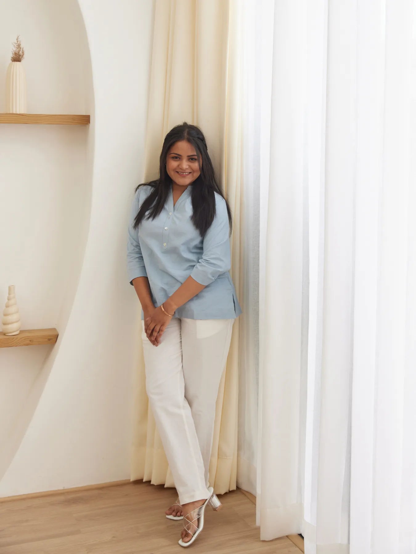 Sky Blue Short Kurta with White Cotton Pant