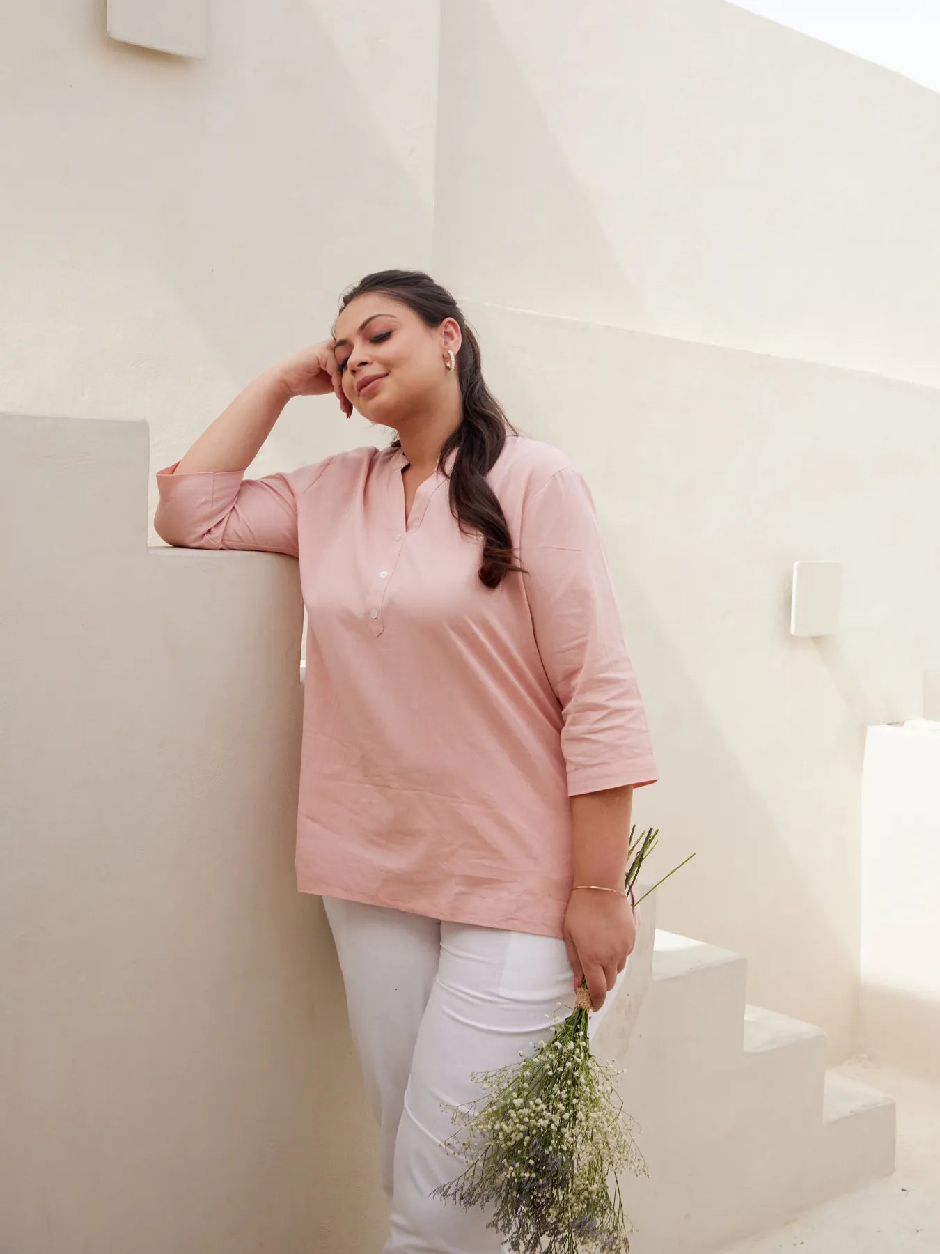 Salmon Pink Short Kurta with White Cotton Pant