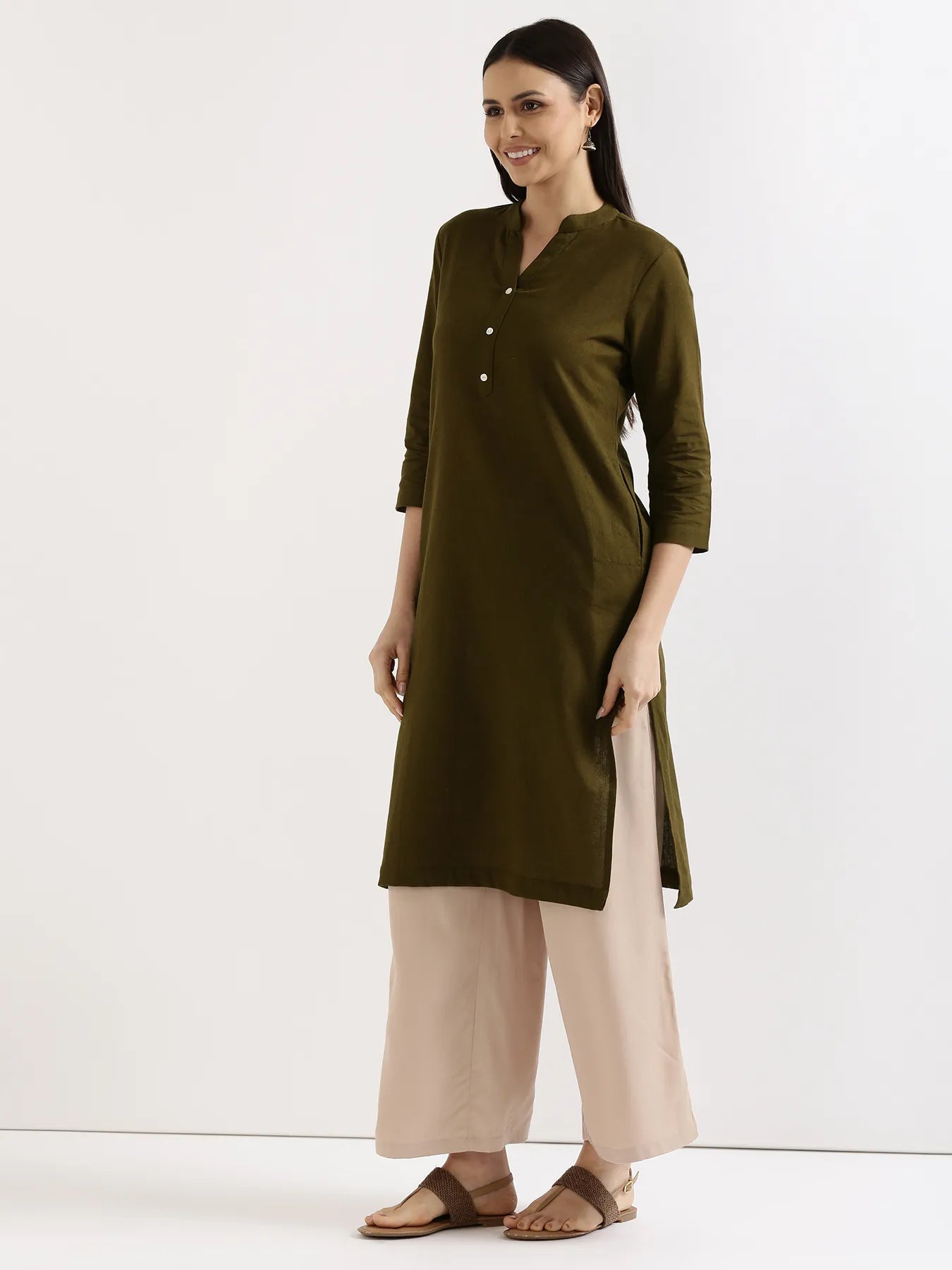 Women Olive Green Airy Linen Long Kurta & Beige Viscose Palazzo Pant Set