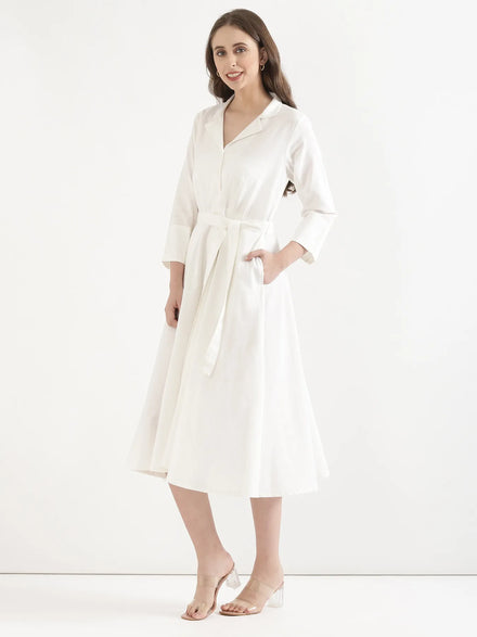 Women White Airy Linen Flared Dress