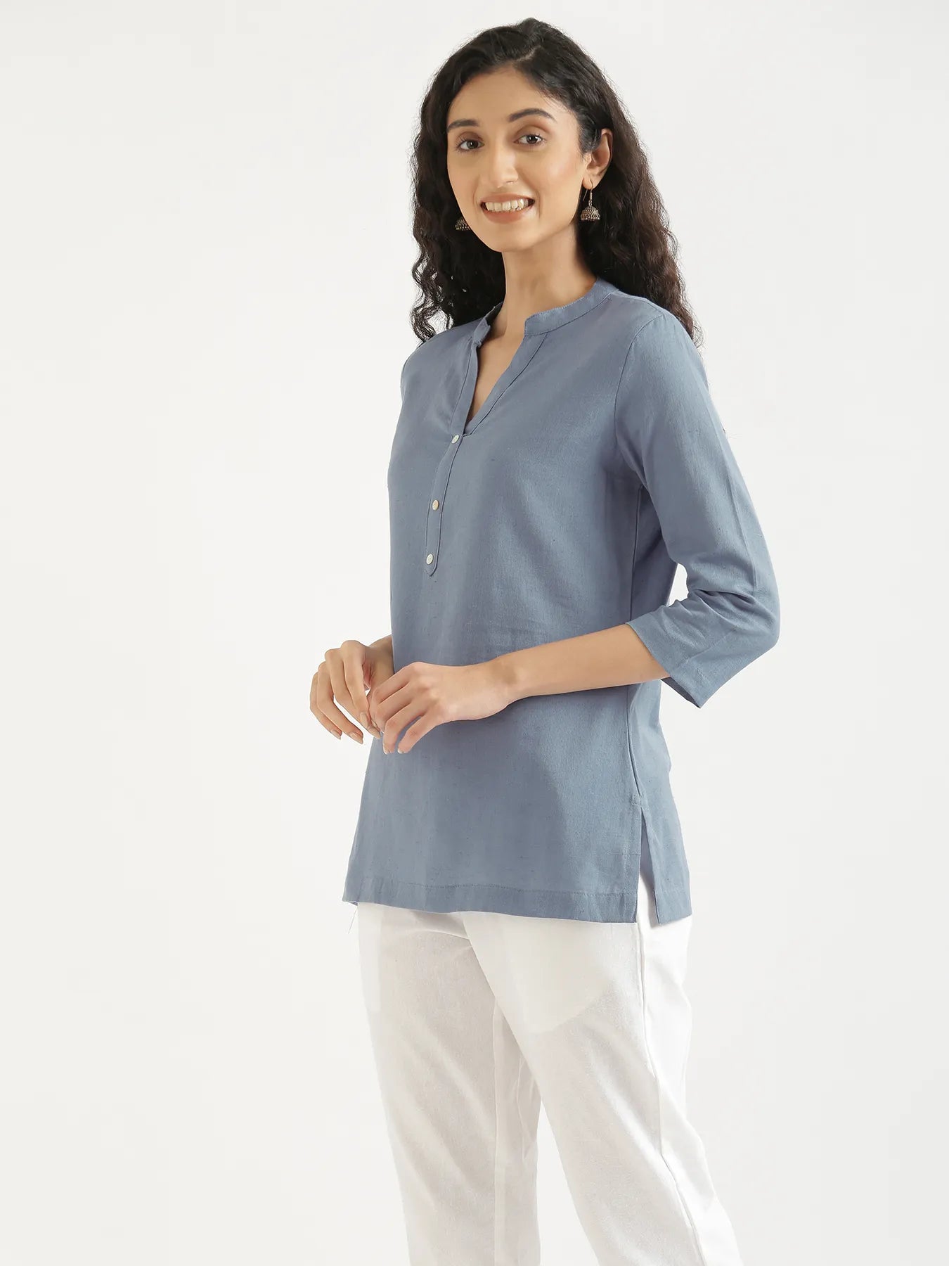 Women English Blue Airy Linen Short Kurta