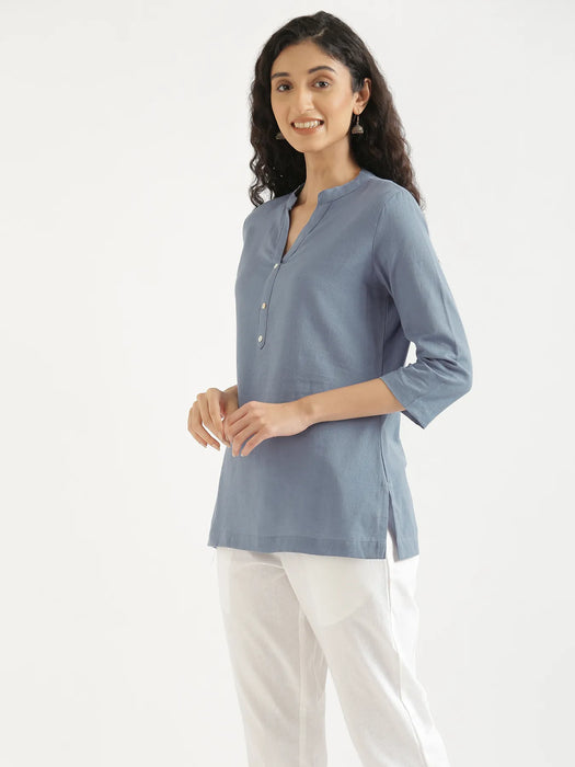 Women English Blue Airy Linen Short Kurta