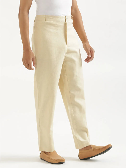 Men Forest Green Better Cotton Full Sleeve Shirt & Beige Linen Blend Straight Pant