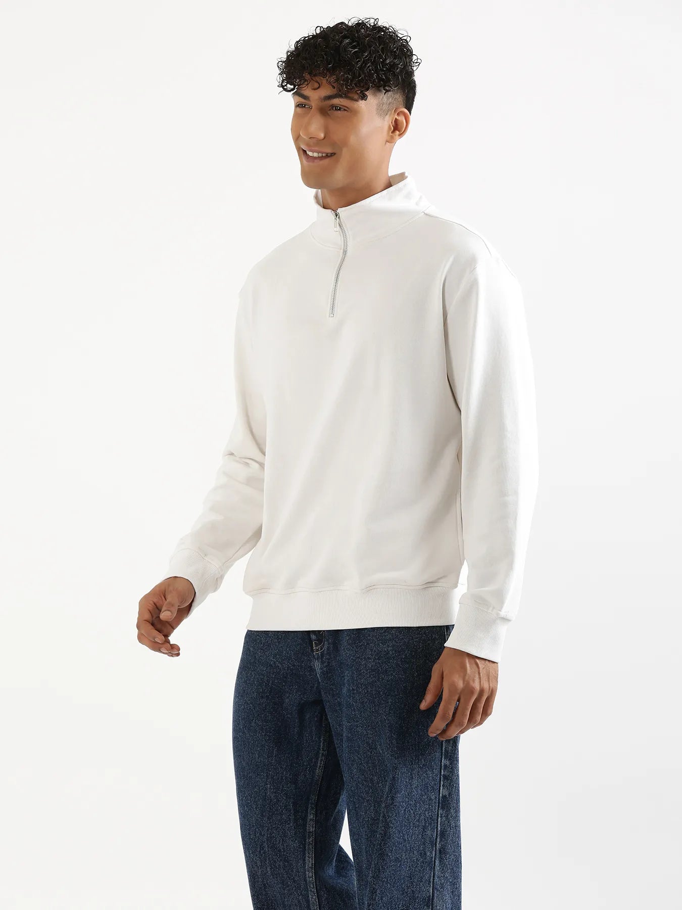 Unisex White Zip Neck Sweatshirt