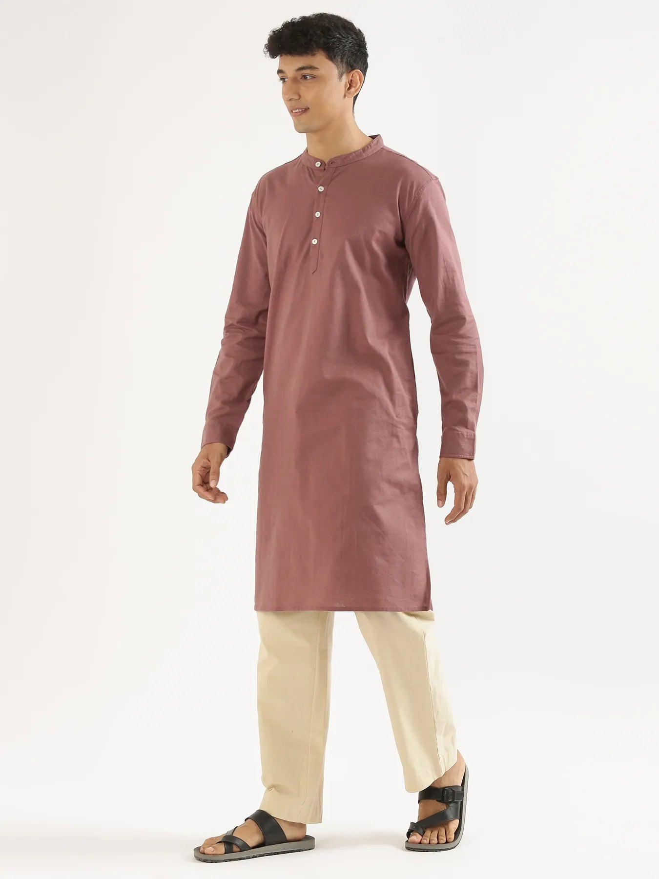 Men Rose Taupe Airy Linen Long Kurta