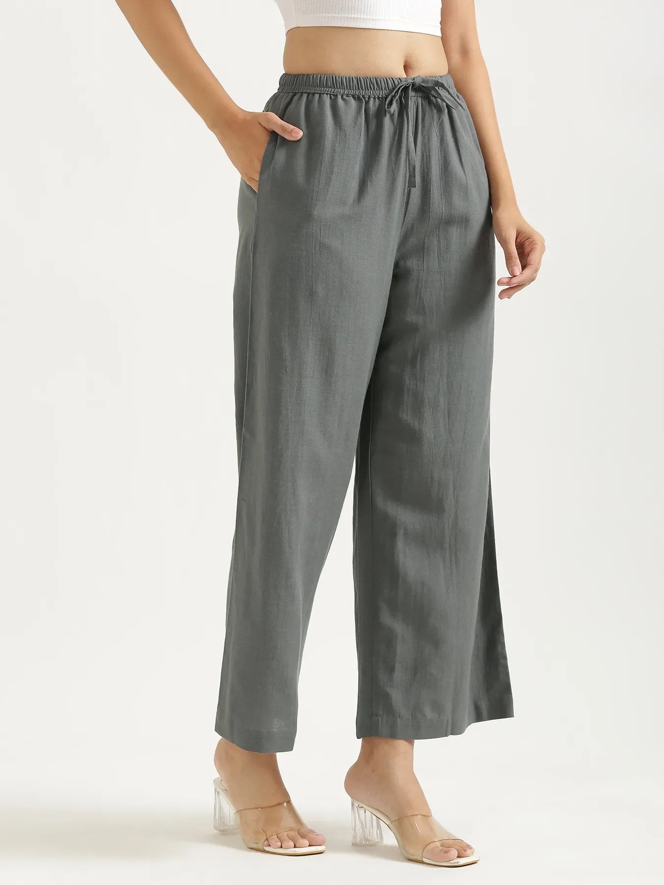 Women German Grey Flowy Linen Wide Leg Pants