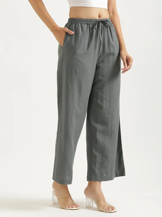 Women German Grey Flowy Linen Wide Leg Pants