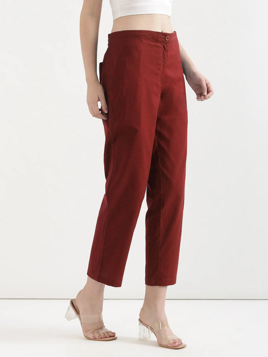 Women Maroon Airy Linen Straight Pants