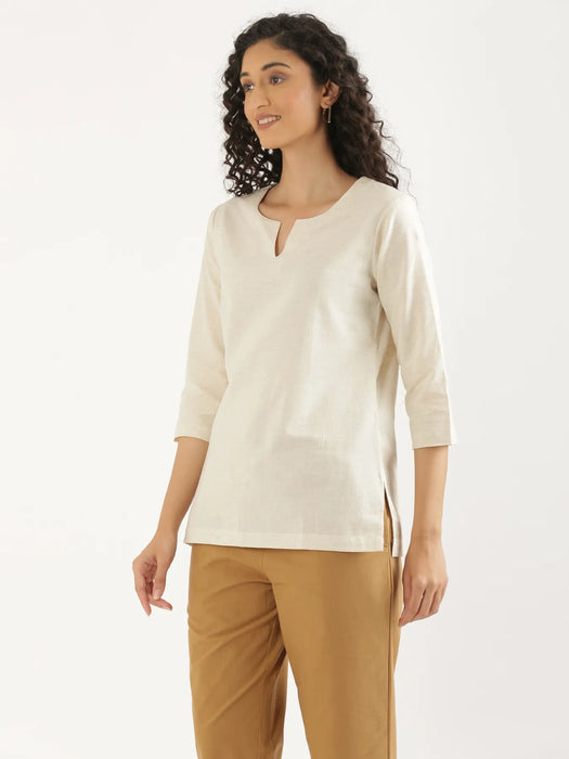 Women Ecru Airy Linen Split Neck Short Kurta