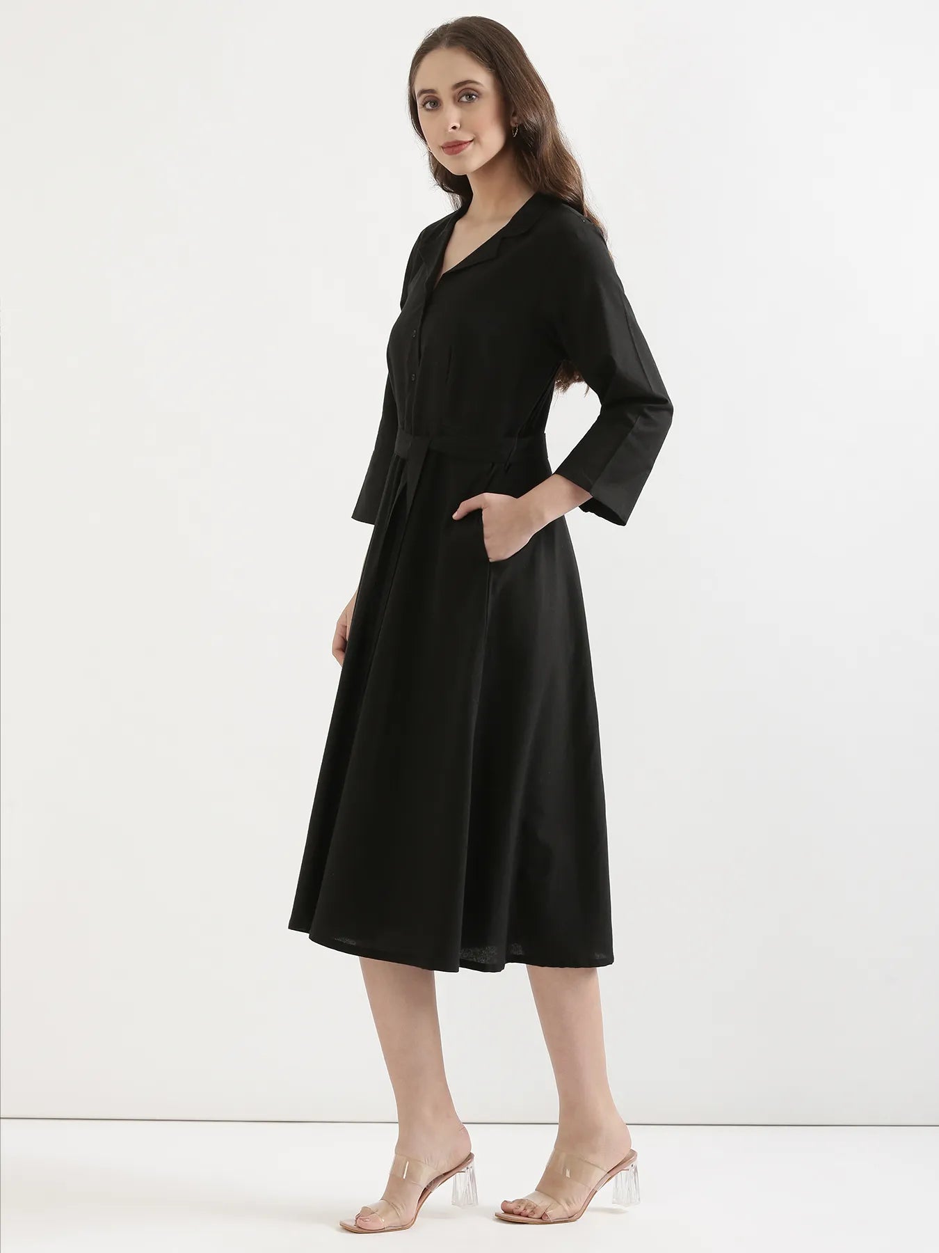 Women Black Airy Linen Flared Dress