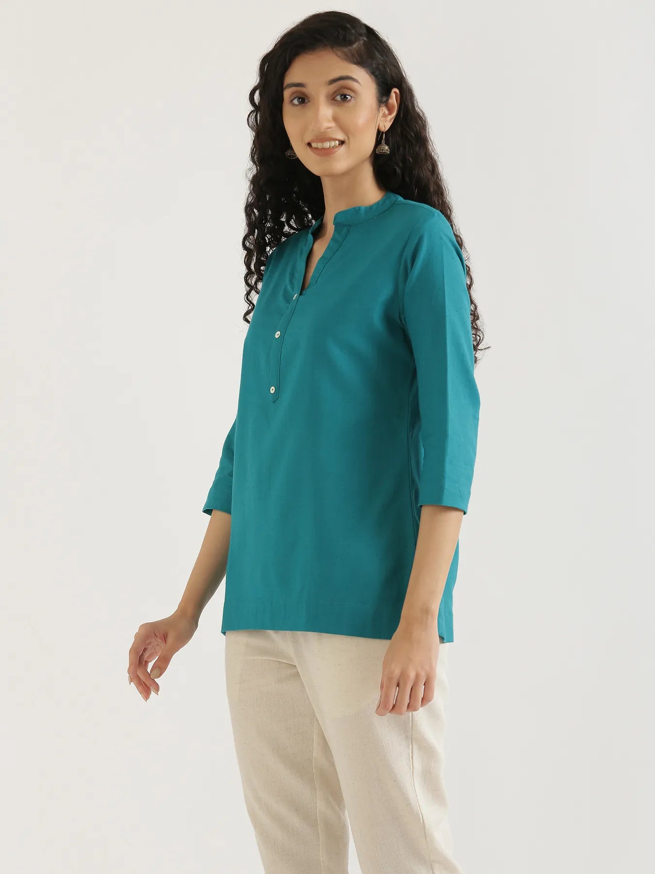 Women Teal Airy Linen Short Kurta
