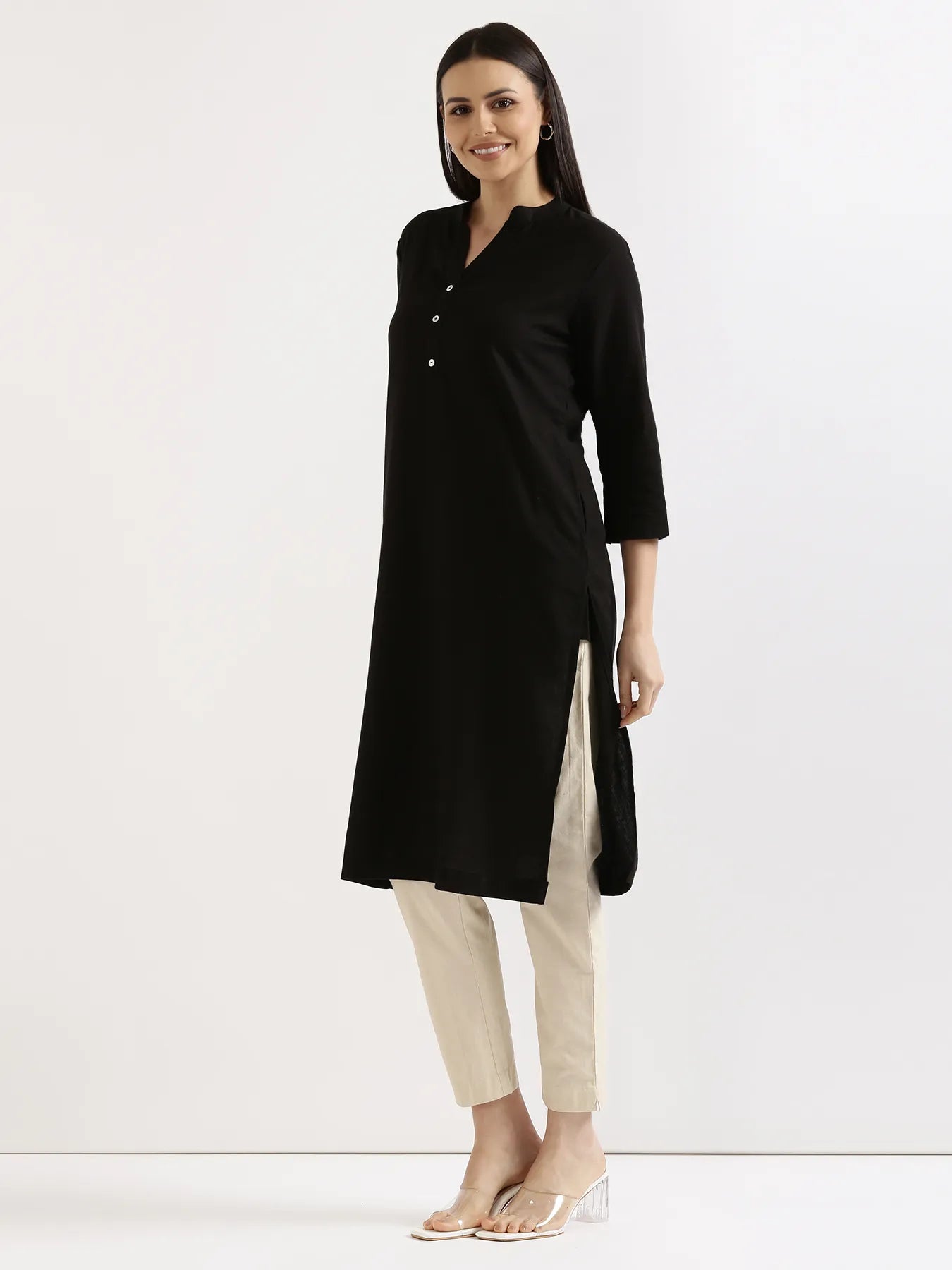 Women Black Airy Linen Long Kurta
