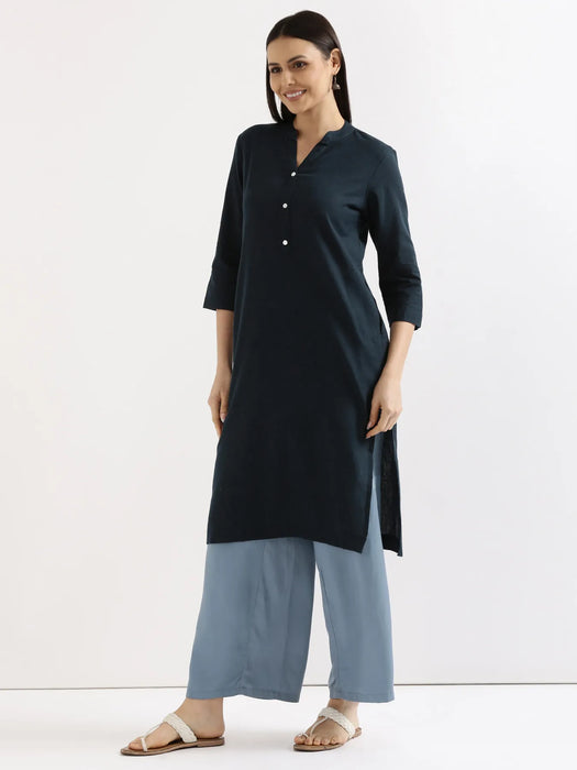 Women Navy Blue Airy Linen Long Kurta & English Blue Viscose Palazzo Pant Set