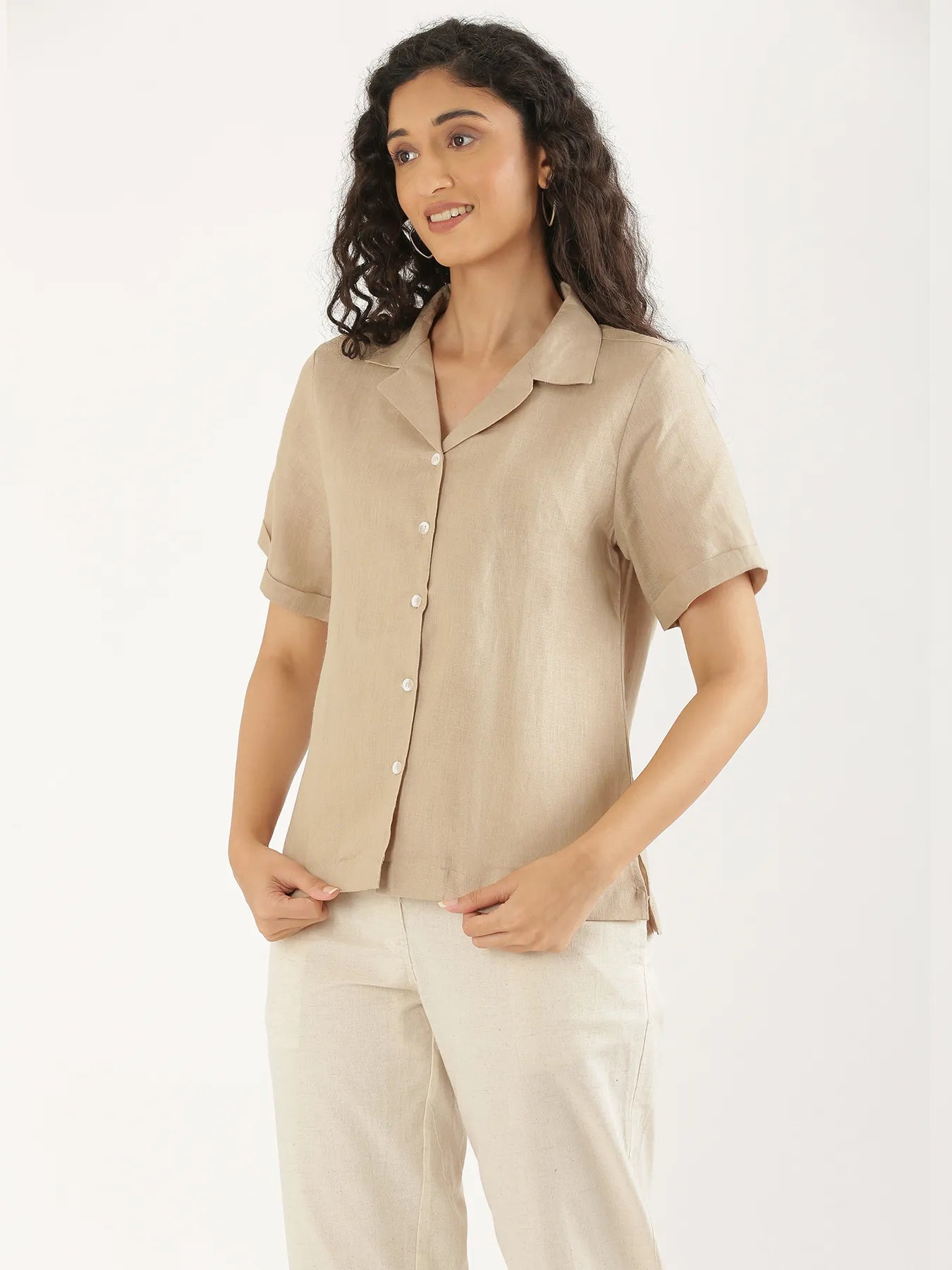Women Taupe Pure Linen Notch Collar Shirt
