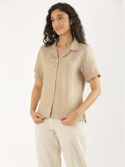 Women Taupe Pure Linen Notch Collar Shirt