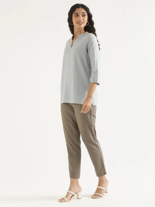 Women Sky Blue Airy Linen Short Kurta & Grey Cotton Pant Set