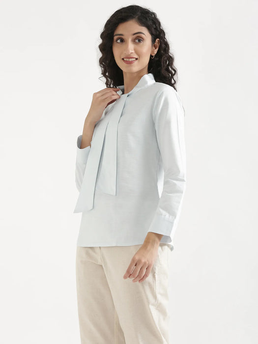 Women Powder Blue Linen Blend Knot Blouse