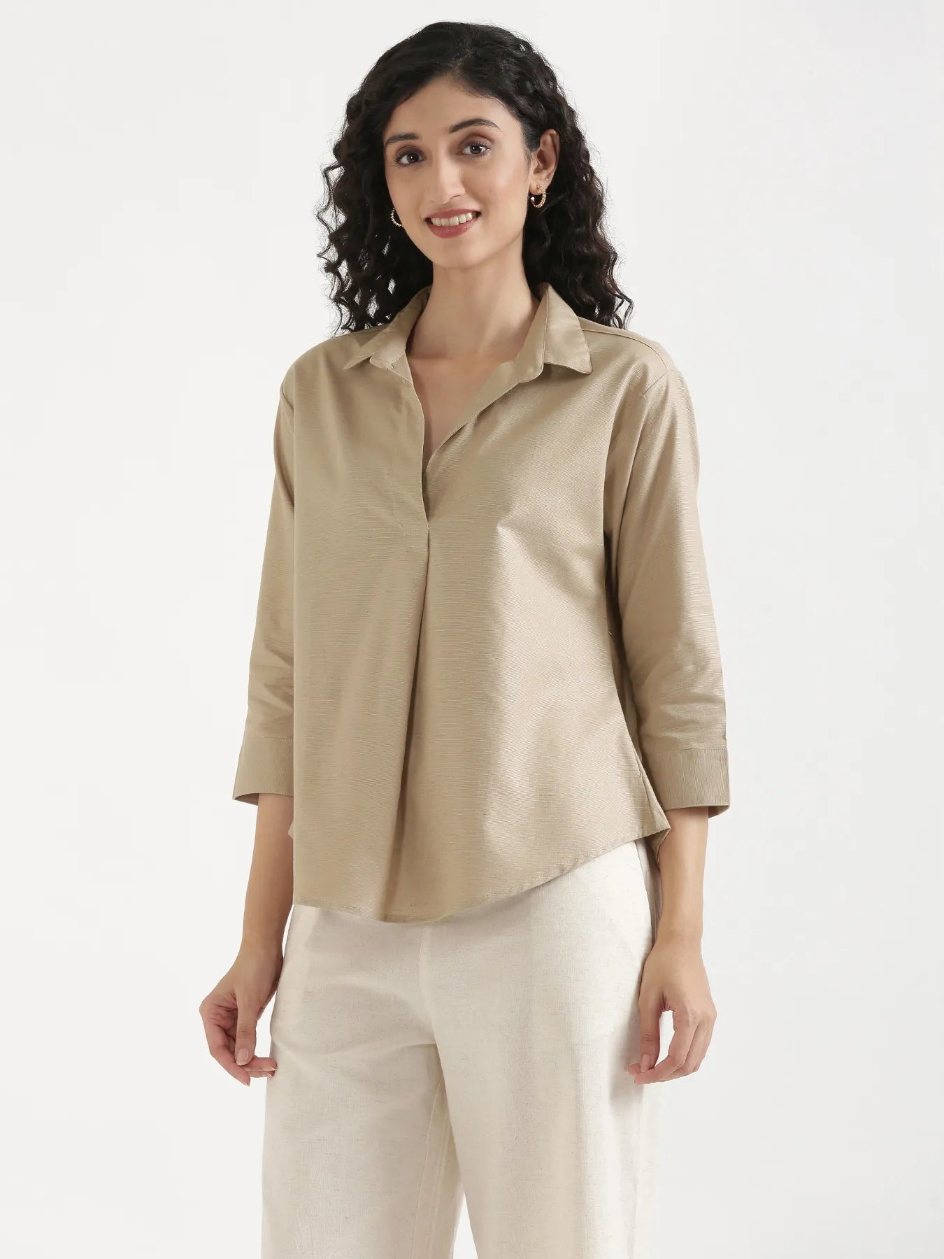 Women Taupe Linen Blend Pleated Top