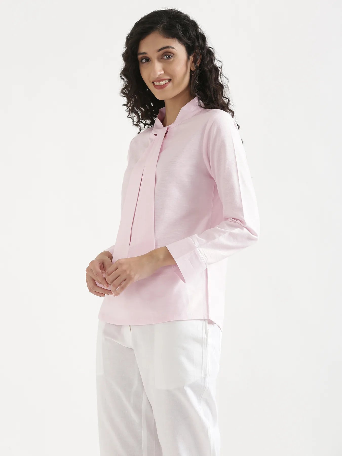 Women Blush Pink Linen Blend Knot Blouse & White Airy Linen Straight Pants Pant Set