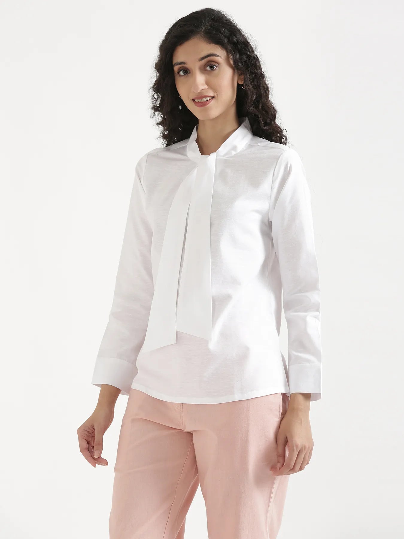 Women White Linen Blend Knot Blouse