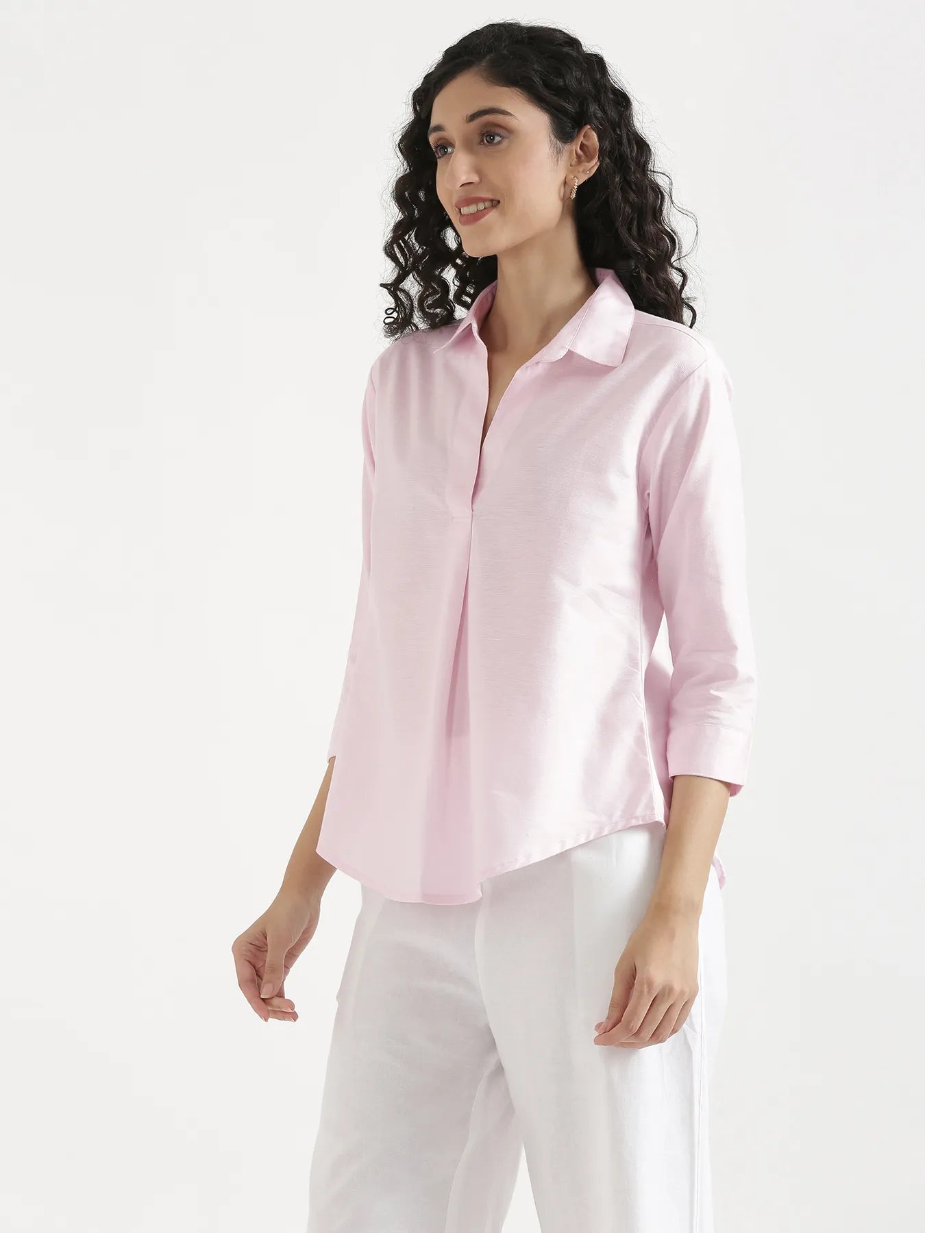 Women Blush Pink Linen Blend Pleated Top & White Airy Linen Wide Leg Pants Pant Set