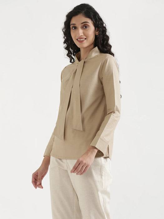 Women Taupe Linen Blend Knot Blouse