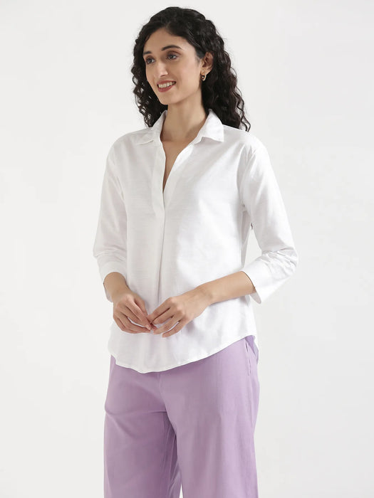 Women White Linen Blend Pleated Top